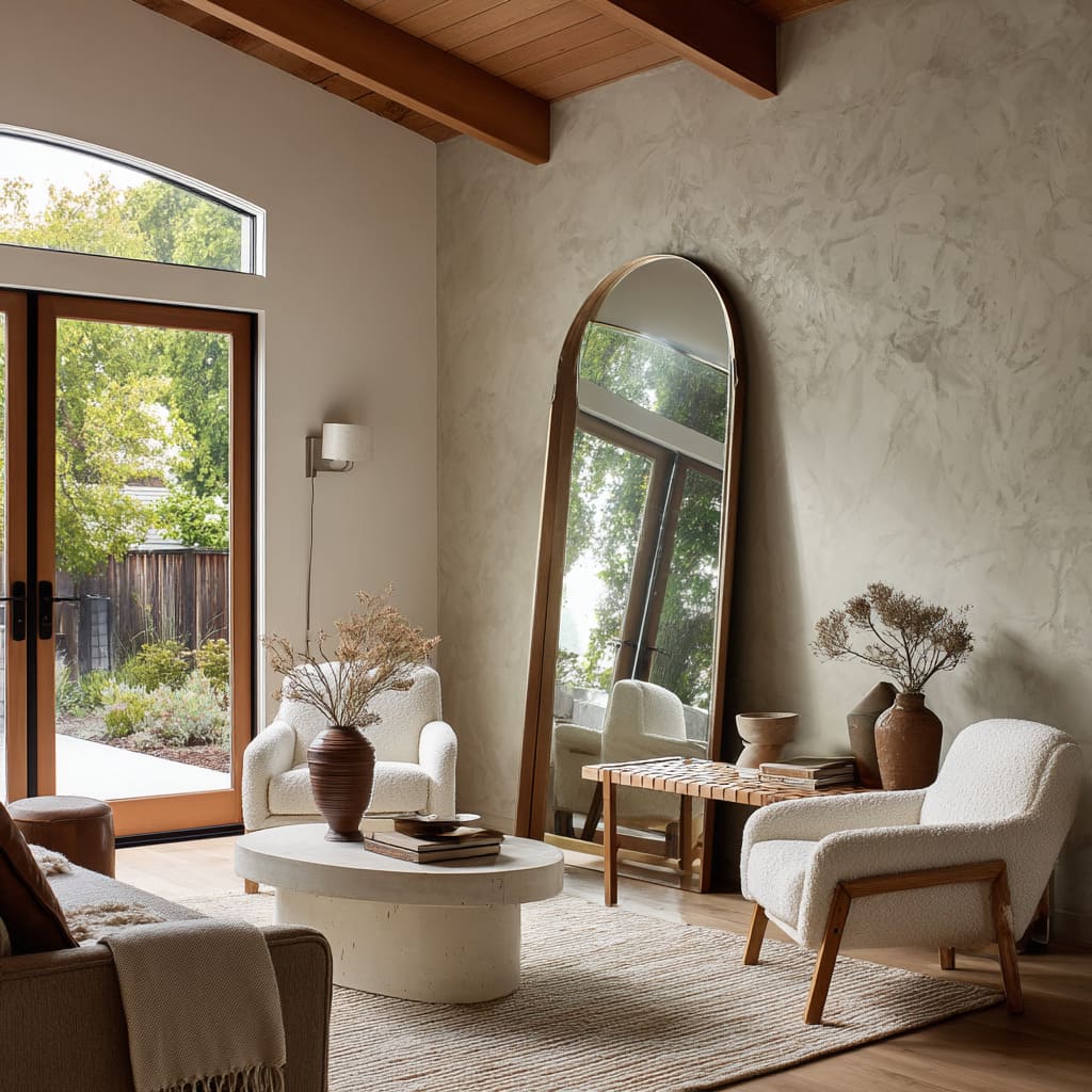 Leaning softly against a hand-applied plaster wall, this arched floor mirror has a narrow bronze frame and no segmentation, allowing the mirror to fun Leaning softly against a hand-applied plaster wall, this arched floor mirror has a narrow bronze frame and no segmentation, allowing the mirror to fun