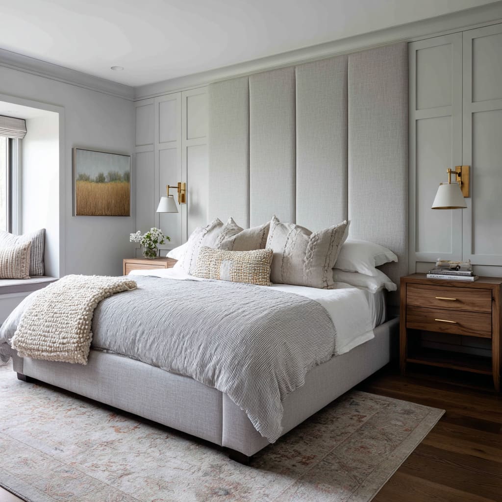 Light Grey Headboard Vertical Panels Integrated into Soft Panel Molding Light Grey Headboard Vertical Panels Integrated into Soft Panel Molding