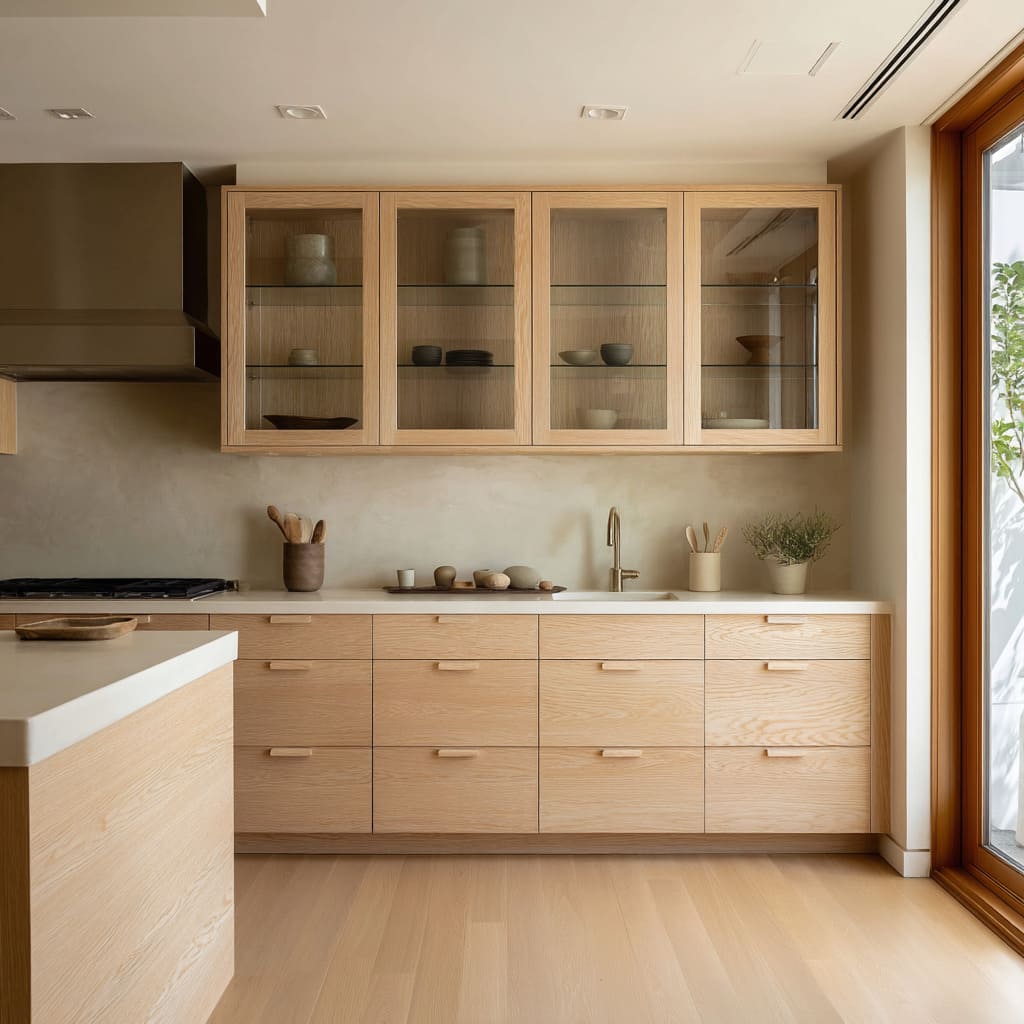 Light Oak Glass-Front Cabinets as Framed Displays Above a Soft Neutral Base Light Oak Glass-Front Cabinets as Framed Displays Above a Soft Neutral Base