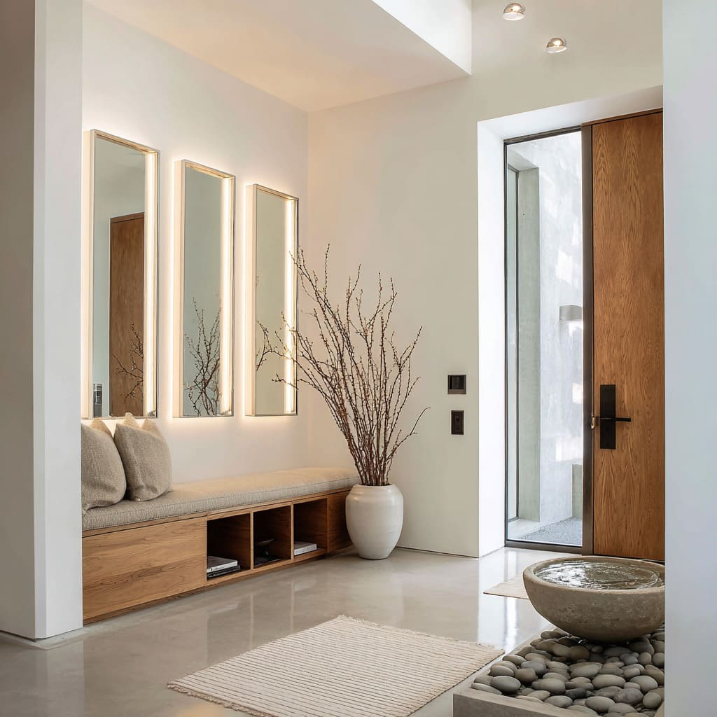 Lighted Framed Mirror Trio in a Polished Modern Entryway Interior with Bench and Branches Lighted Framed Mirror Trio in a Polished Modern Entryway Interior with Bench and Branches