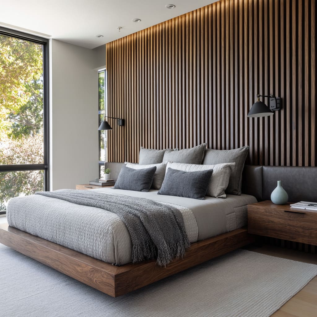 Low Horizontal Leather-Wrapped Grey Headboard with Walnut Wall and Integrated Lighting Low Horizontal Leather-Wrapped Grey Headboard with Walnut Wall and Integrated Lighting