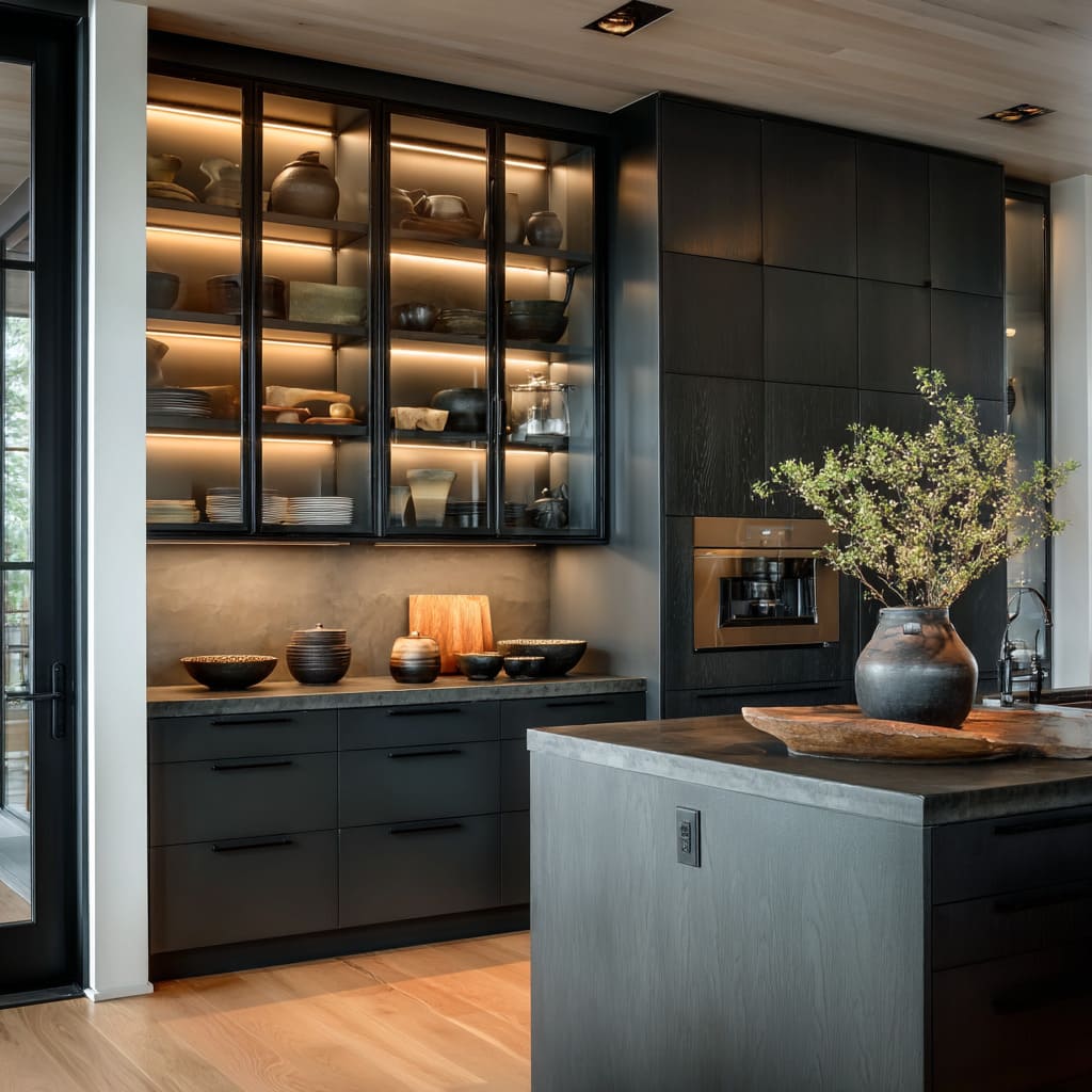 Matte Black-Framed Glass Uppers in a Compact Dramatic Kitchen Design Matte Black-Framed Glass Uppers in a Compact Dramatic Kitchen Design