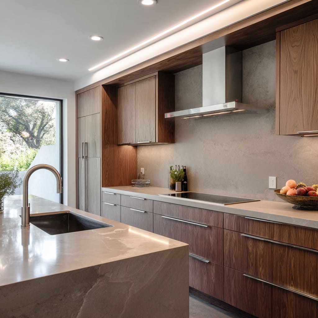 Matte Walnut Cabinets with Large Format Taupe Porcelain Slab Backsplash