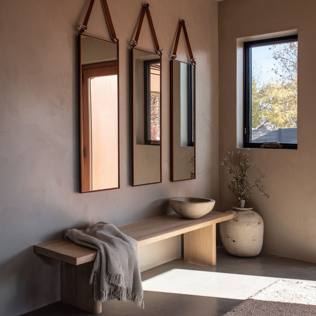 Minimalist three tall and narrow rectangular mirrors are suspended individually with brown leather straps, adding both a tactile element Minimalist three tall and narrow rectangular mirrors are suspended individually with brown leather straps, adding both a tactile element