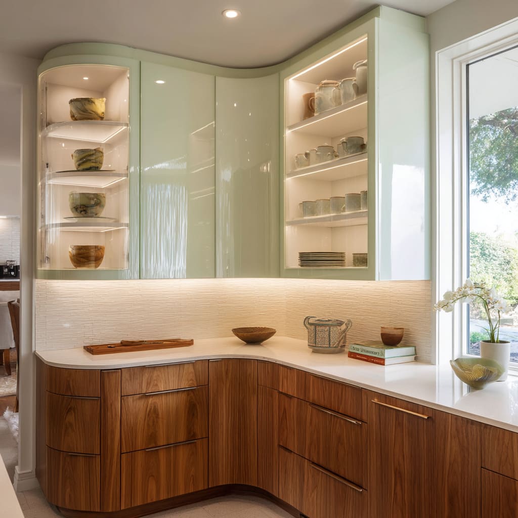 Modern Corner Radius Uppers in a Mid-Century Ranch Kitchen Design with Pale Mint Accents Modern Corner Radius Uppers in a Mid-Century Ranch Kitchen Design with Pale Mint Accents
