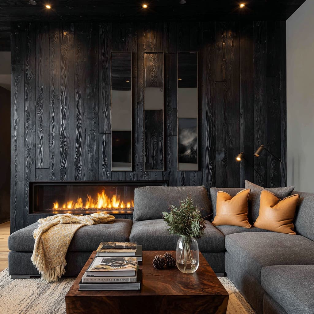 Narrow Mirror Triptych Over Black Shou Sugi Ban Look Fireplace Wall Narrow Mirror Triptych Over Black Shou Sugi Ban Look Fireplace Wall