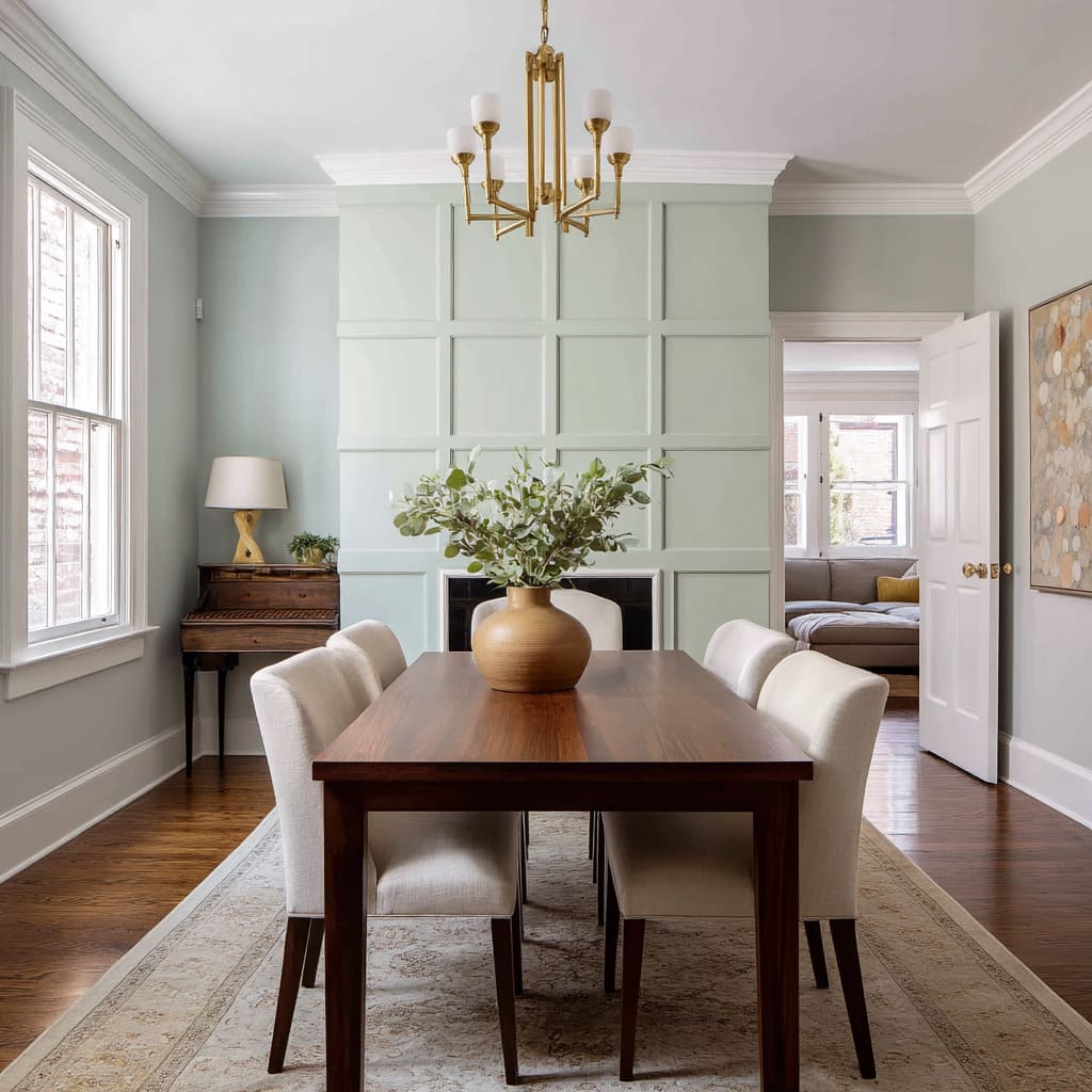 Pintada en un verde sutil, la pared se sitúa con seguridad entre lo tradicional y lo moderno: lo bastante suave para transmitir calma y lo bastante rica para cambiar sutilmente. Pintada en un verde sutil, la pared se sitúa con seguridad entre lo tradicional y lo moderno: lo bastante suave para transmitir calma y lo bastante rica para cambiar sutilmente.