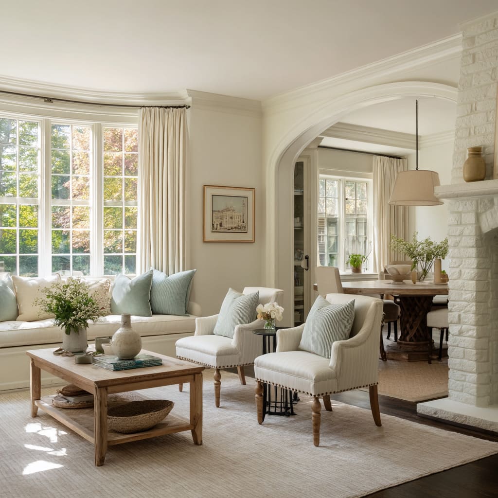 Painted white brick on the fireplace reads quiet and familiar Painted white brick on the fireplace reads quiet and familiar