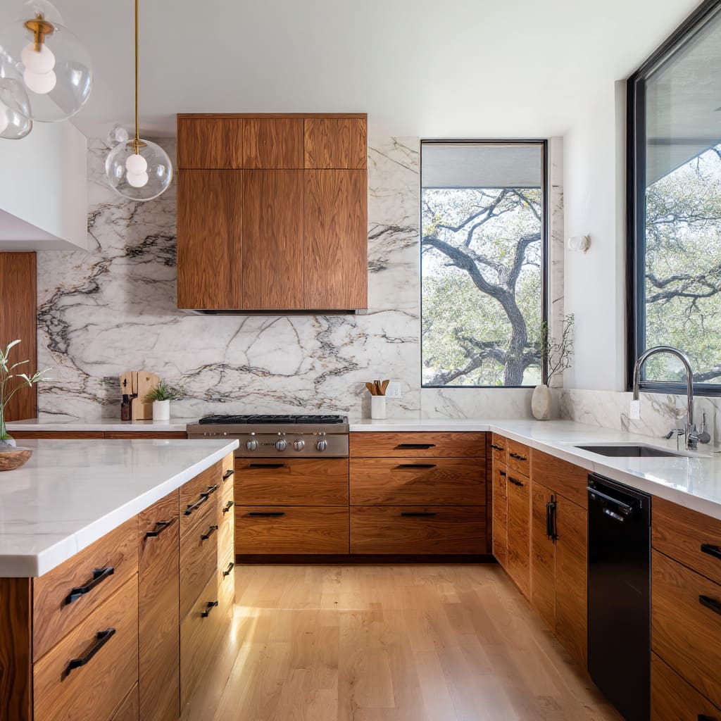 Pecan-Stained Oak Cabinets with Bookmatched Marble Backsplash Pecan-Stained Oak Cabinets with Bookmatched Marble Backsplash