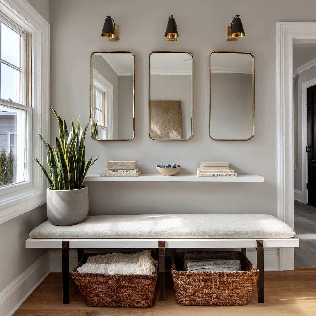 Pivoted Brass Mirror Trio Over Floating Console in Narrow Bench Niche Pivoted Brass Mirror Trio Over Floating Console in Narrow Bench Niche