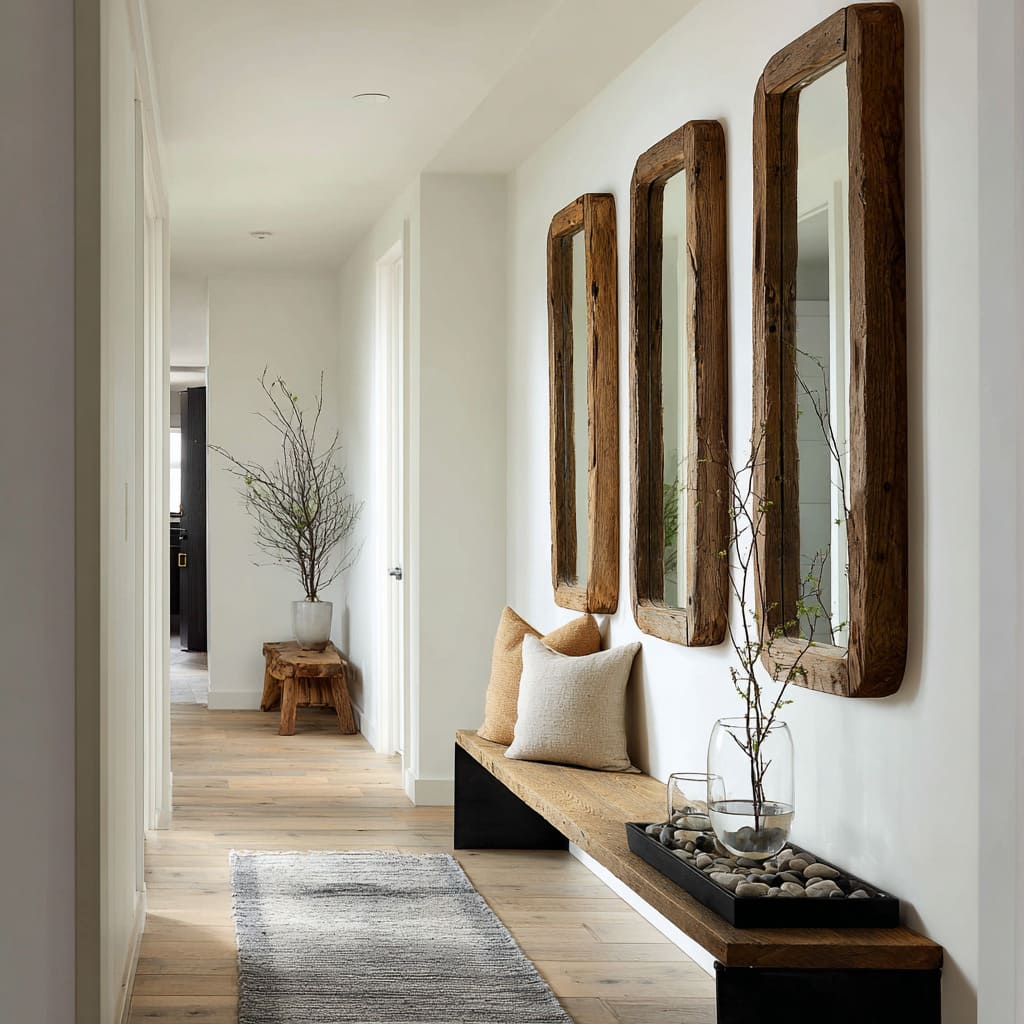 Reclaimed Wood-Framed Mirror Trio Over Bench in a Long Hallway Layout Reclaimed Wood-Framed Mirror Trio Over Bench in a Long Hallway Layout