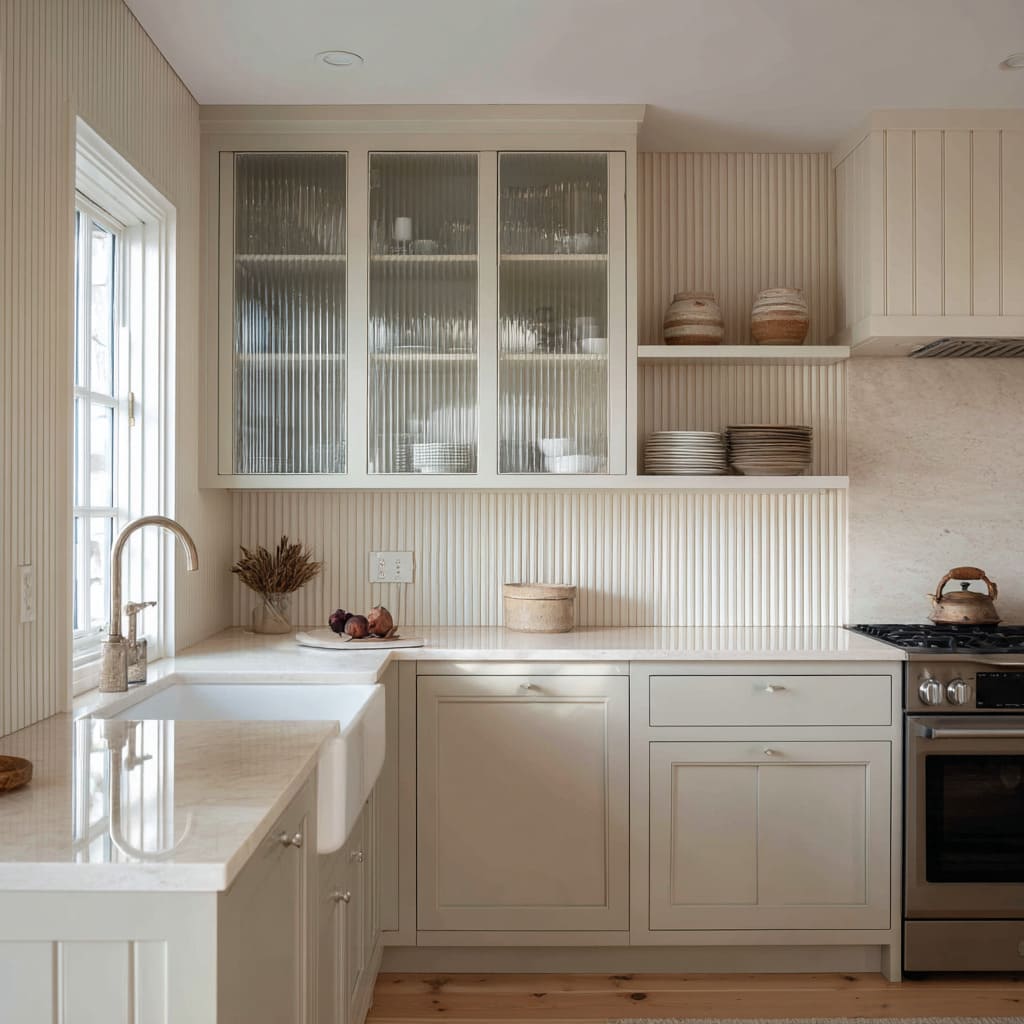 Ribbed Glass Upper Panels in a Warm Creamy Kitchen Design with Shiplap Texture Ribbed Glass Upper Panels in a Warm Creamy Kitchen Design with Shiplap Texture