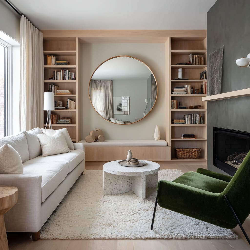 Round Mirror Framed by Floating Bookshelves Round Mirror Framed by Floating Bookshelves