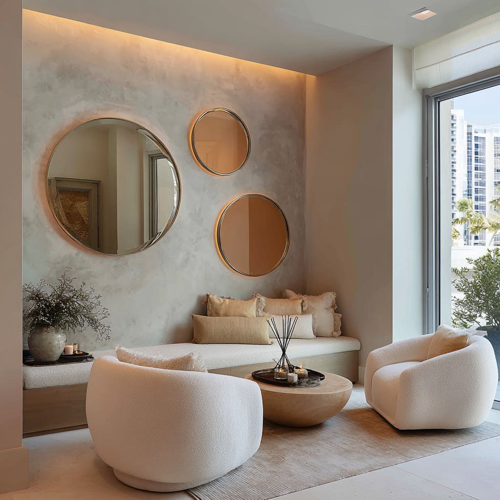 Round Mirror Trio with Gradient Backlight on Polished Plaster Wall Round Mirror Trio with Gradient Backlight on Polished Plaster Wall