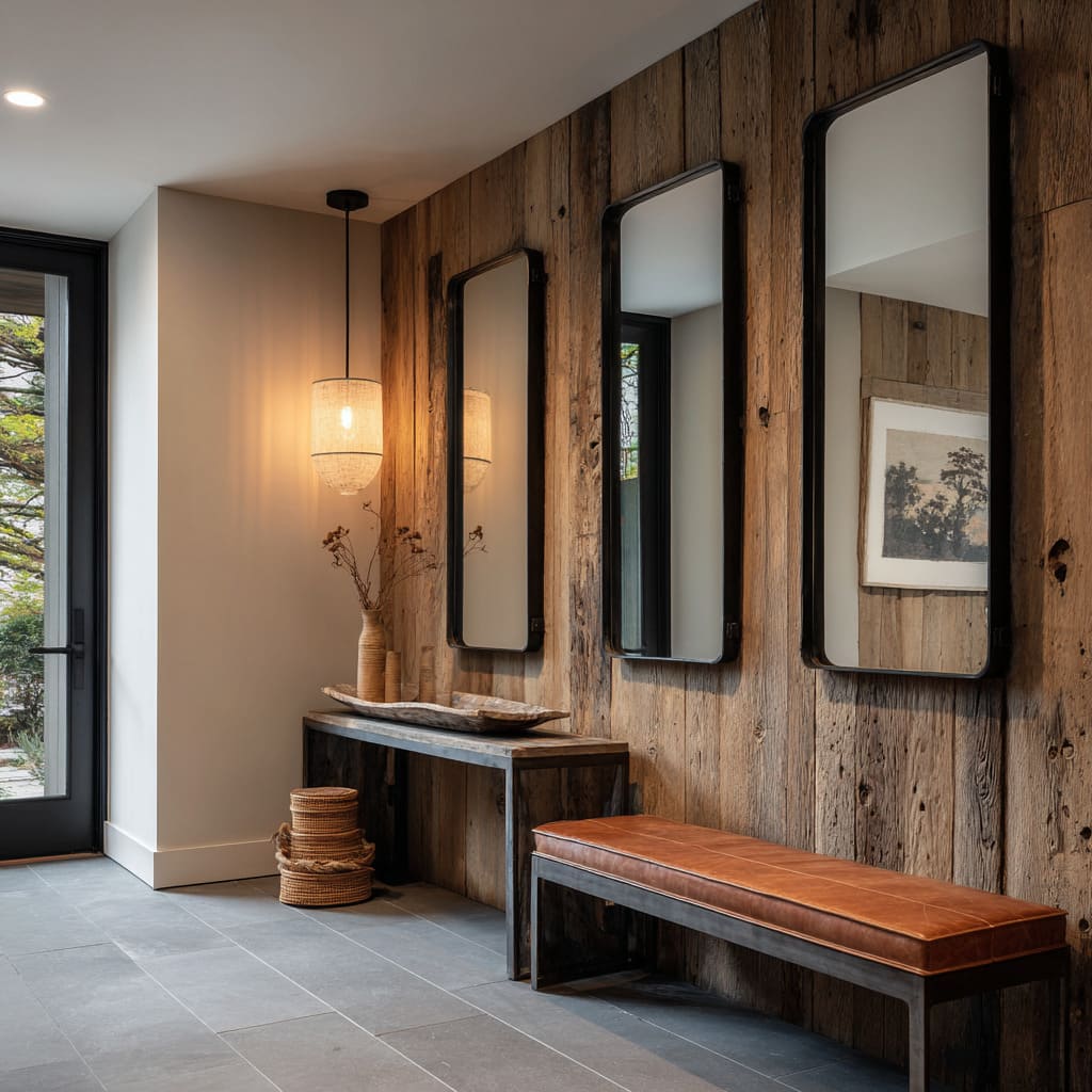 Rounded Black-Framed Mirror Trio on Reclaimed Wood Wall with Ambient Pendant Rounded Black-Framed Mirror Trio on Reclaimed Wood Wall with Ambient Pendant