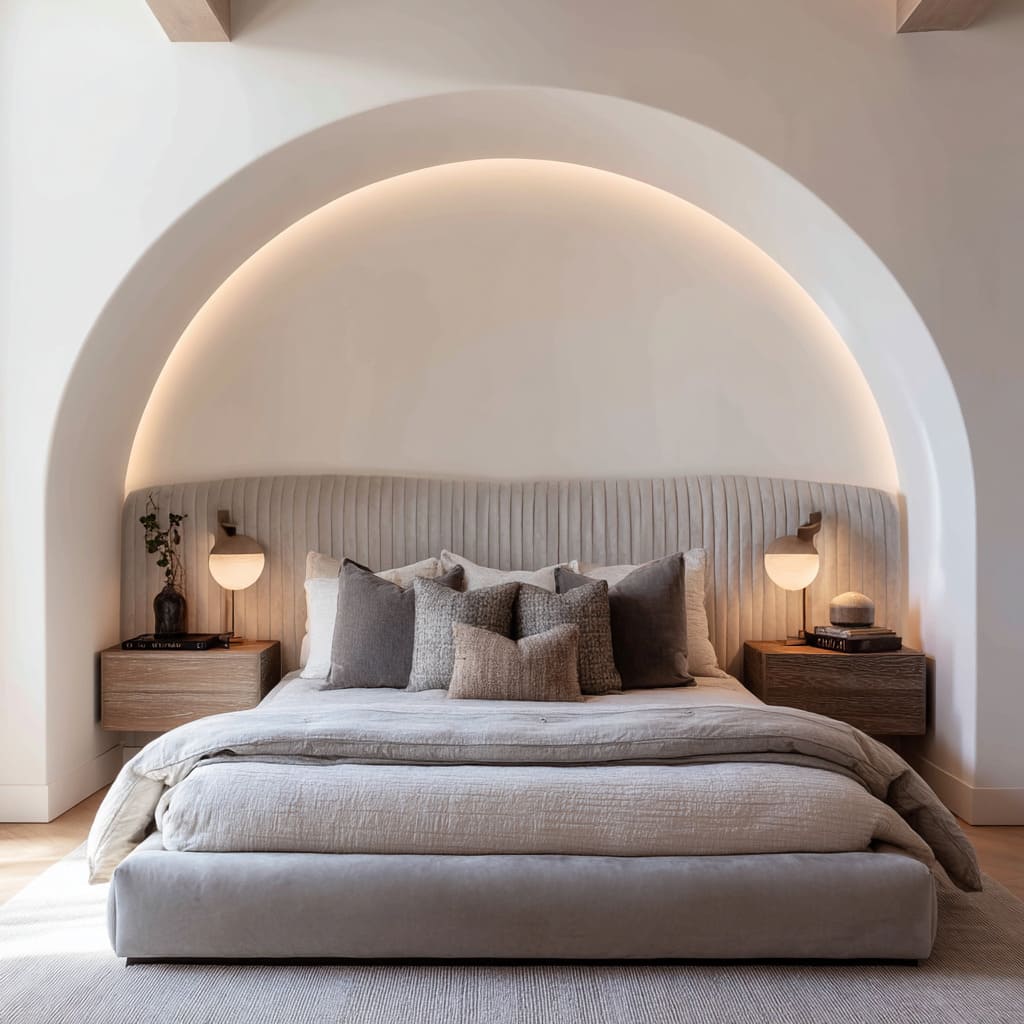 Sculpted Grey Channel-Tufted Headboard Framed by Arched Cove Sculpted Grey Channel-Tufted Headboard Framed by Arched Cove