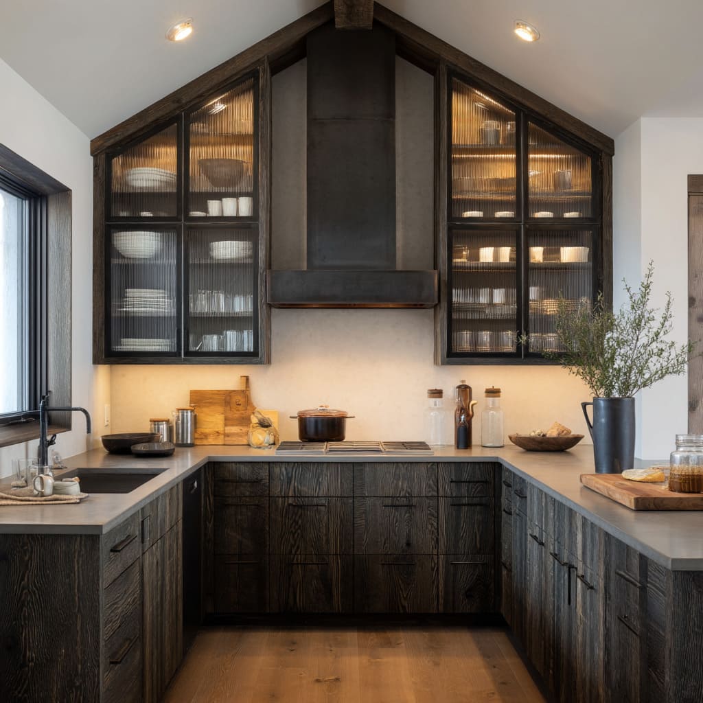 Seeded Glass Uppers with Burnt Ash Frames in a Dark Rustic Vaulted Kitchen Layout Seeded Glass Uppers with Burnt Ash Frames in a Dark Rustic Vaulted Kitchen Layout