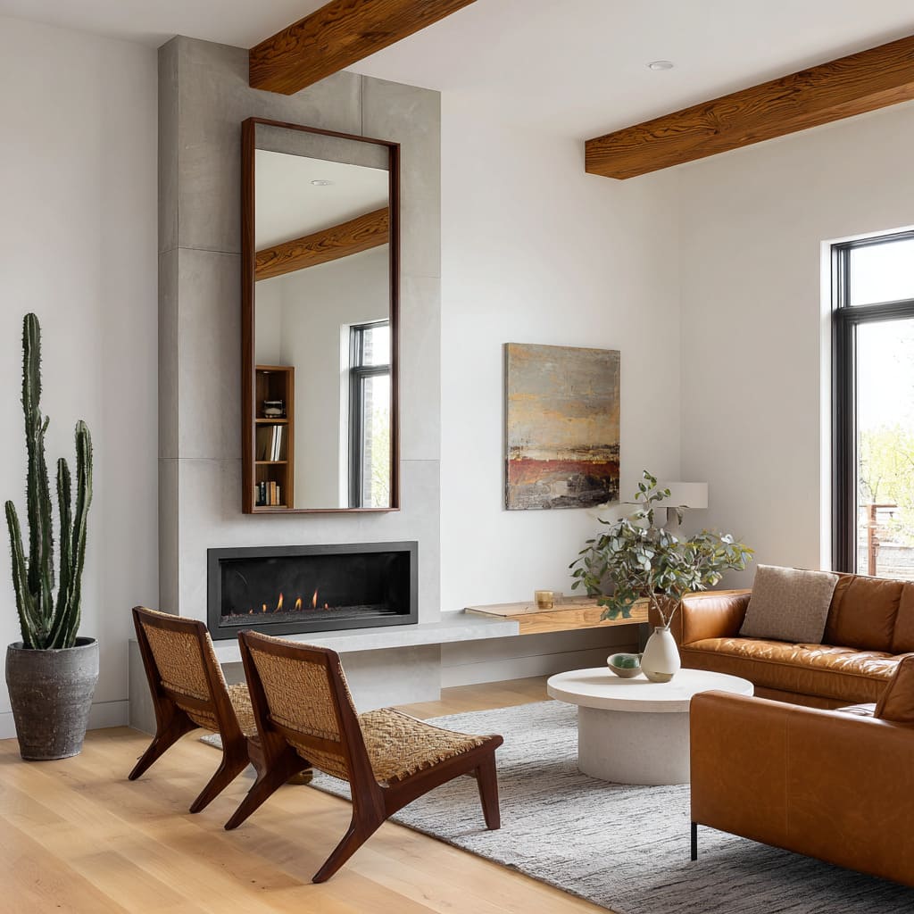 Set into a poured concrete chimney wall, this vertically oriented mirror is framed in walnut with sharp edges and clean joinery Set into a poured concrete chimney wall, this vertically oriented mirror is framed in walnut with sharp edges and clean joinery