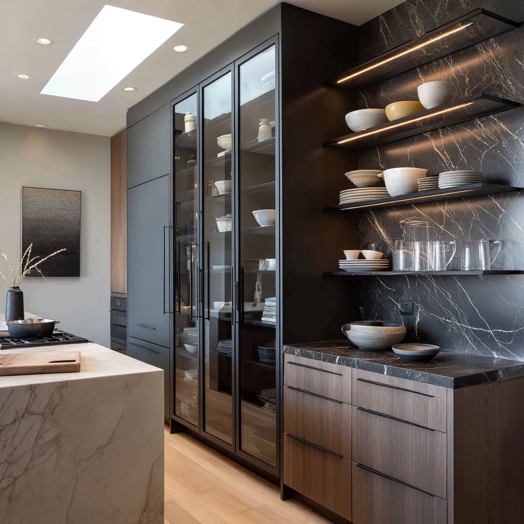 Smoked Glass Uppers Framing a Tall Pantry Wall in a Dramatic Marble Kitchen Design Smoked Glass Uppers Framing a Tall Pantry Wall in a Dramatic Marble Kitchen Design