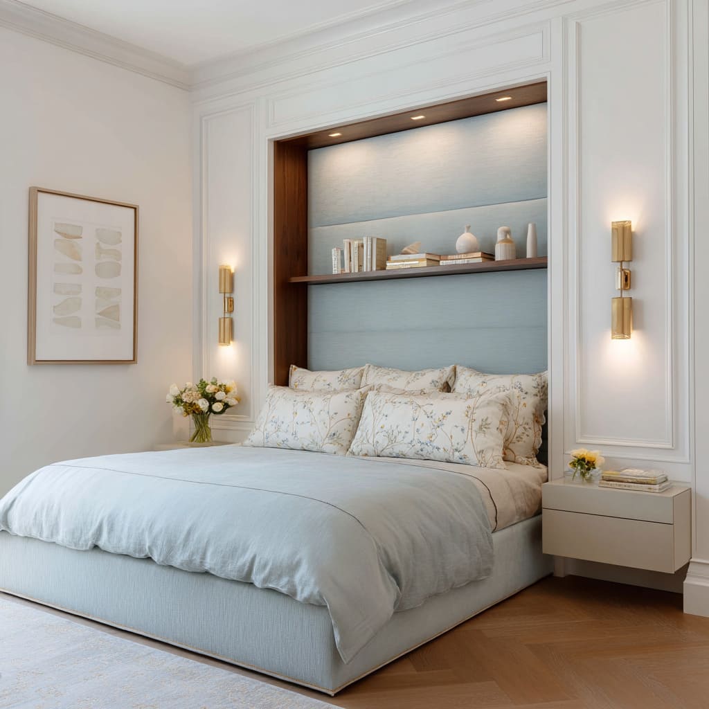 Soft Architecture in a Refined Georgian Frame Sky Blue Inset Headboard Alcove Soft Architecture in a Refined Georgian Frame Sky Blue Inset Headboard Alcove