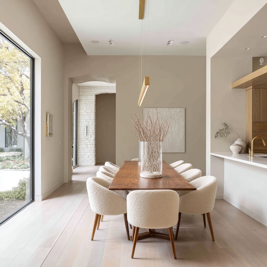 El tono camello suave actúa no solo como color de pared, sino como nexo entre mobiliario, luz y materiales. El tono camello suave actúa no solo como color de pared, sino como nexo entre mobiliario, luz y materiales.