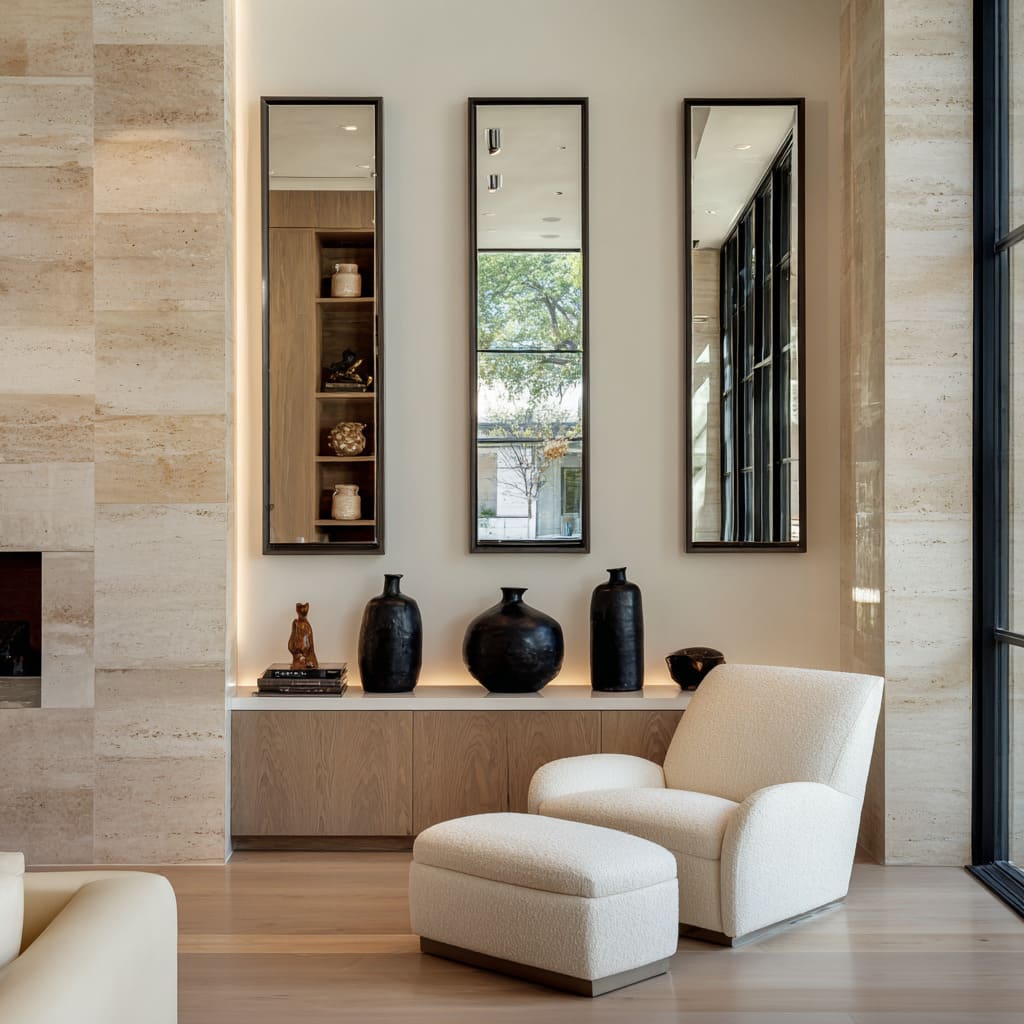 Stylish three long, rectangular mirrors hang in close proximity but with deliberate asymmetry Stylish three long, rectangular mirrors hang in close proximity but with deliberate asymmetry