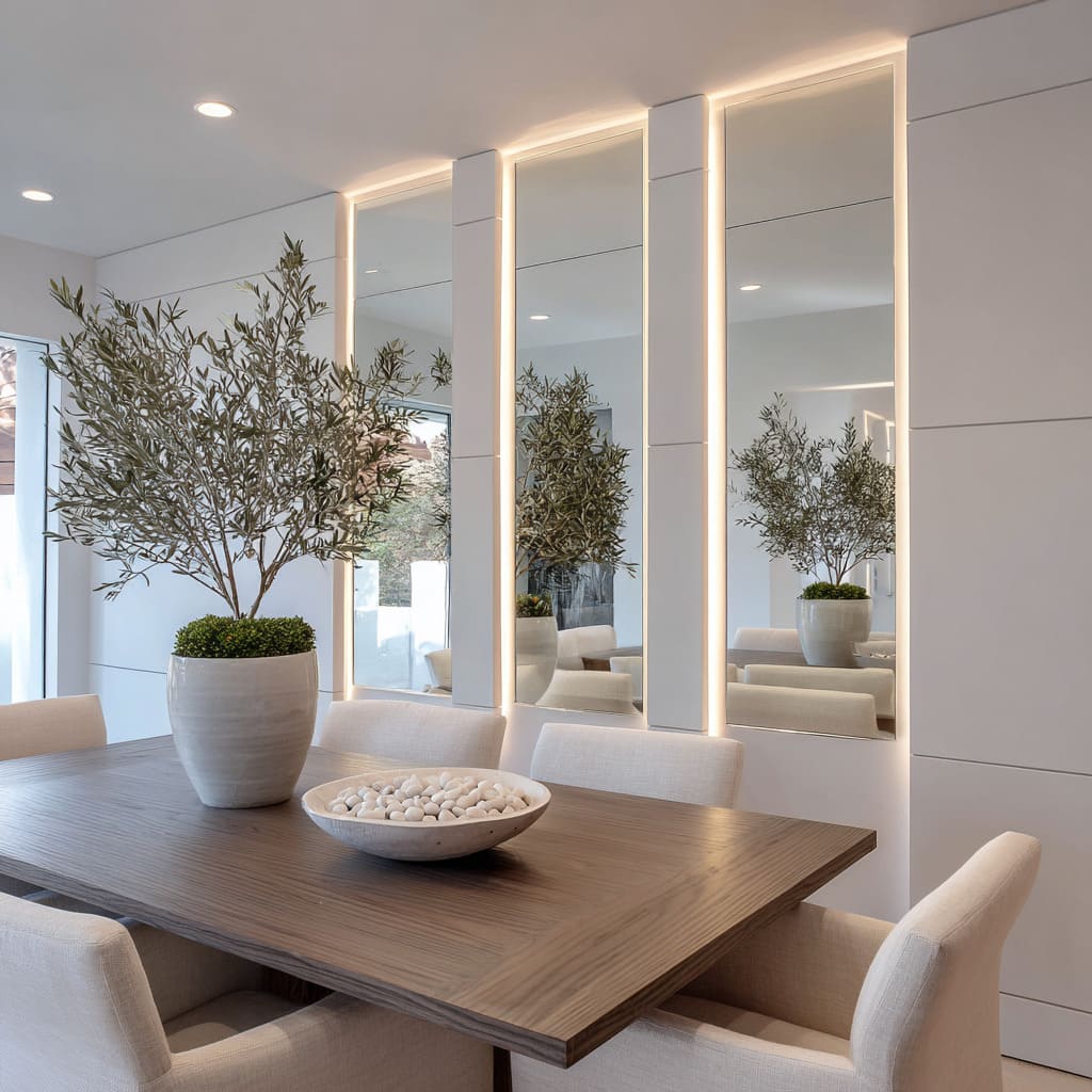 Tall Backlit Mirror Trio in Modern White Dining Area Design with Vertical Channel Paneling Tall Backlit Mirror Trio in Modern White Dining Area Design with Vertical Channel Paneling