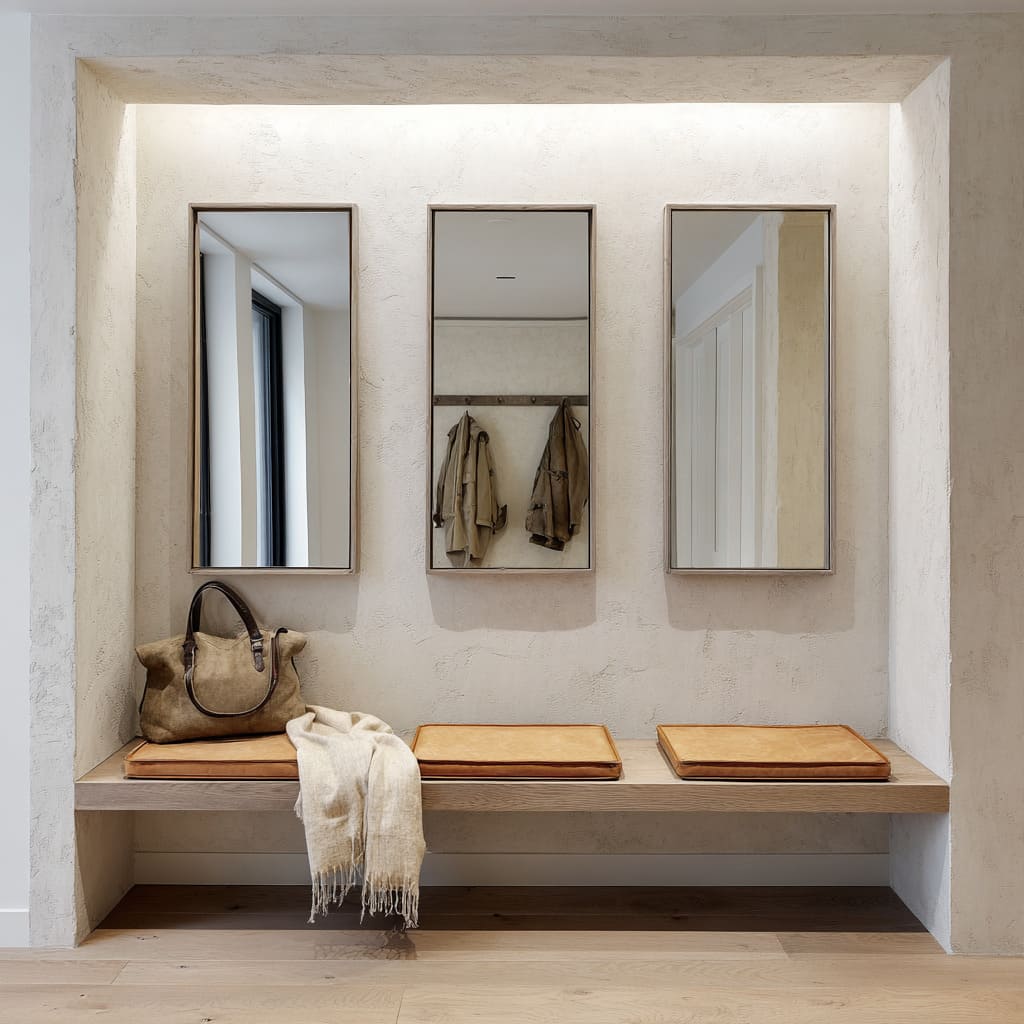 Textured Niche Wall with 3 Subtle Mirrors and Built-In Bench Textured Niche Wall with 3 Subtle Mirrors and Built-In Bench