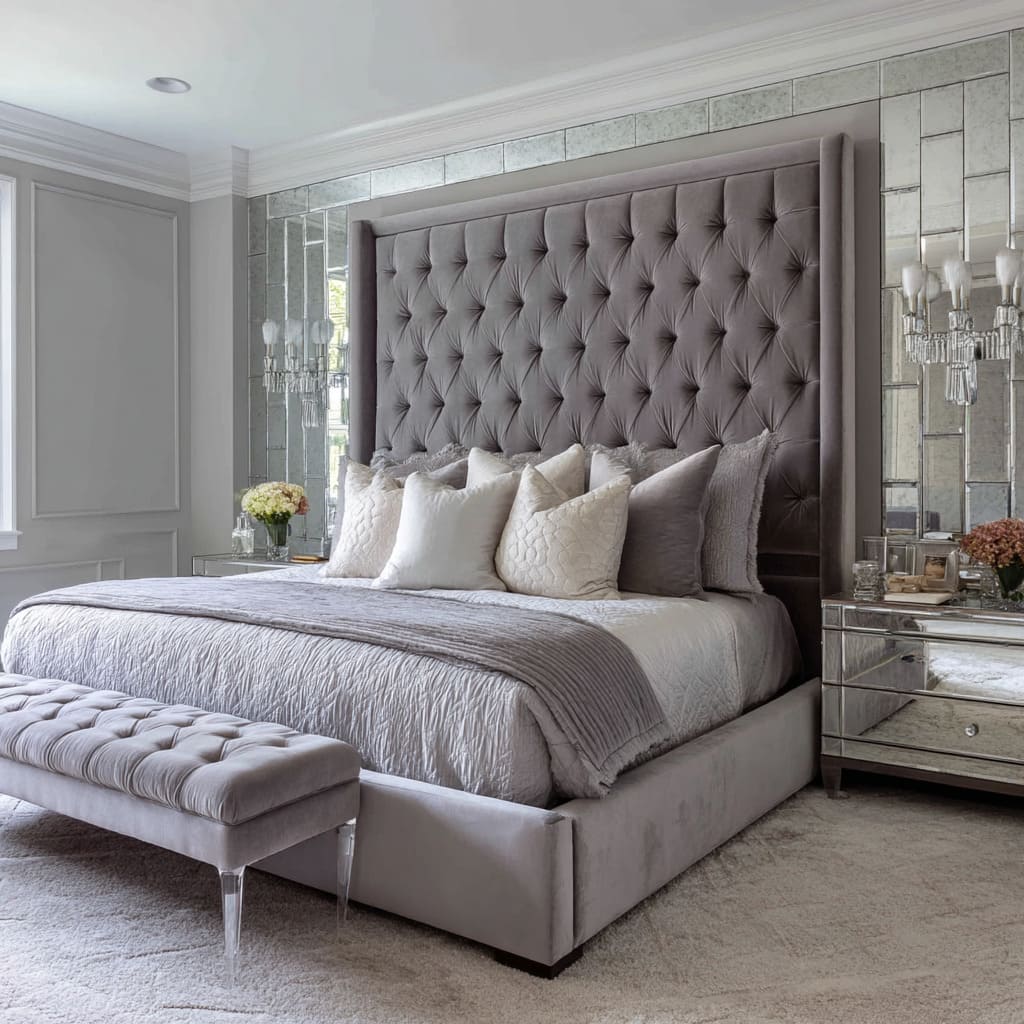 The Diamond-Tufted Grey Velvet Headboard with Mirrored Wall Paneling The Diamond-Tufted Grey Velvet Headboard with Mirrored Wall Paneling