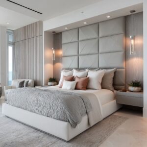 Grey Headboard Bedroom Design: How Light, Rhythm, and Texture Replace Bold Color