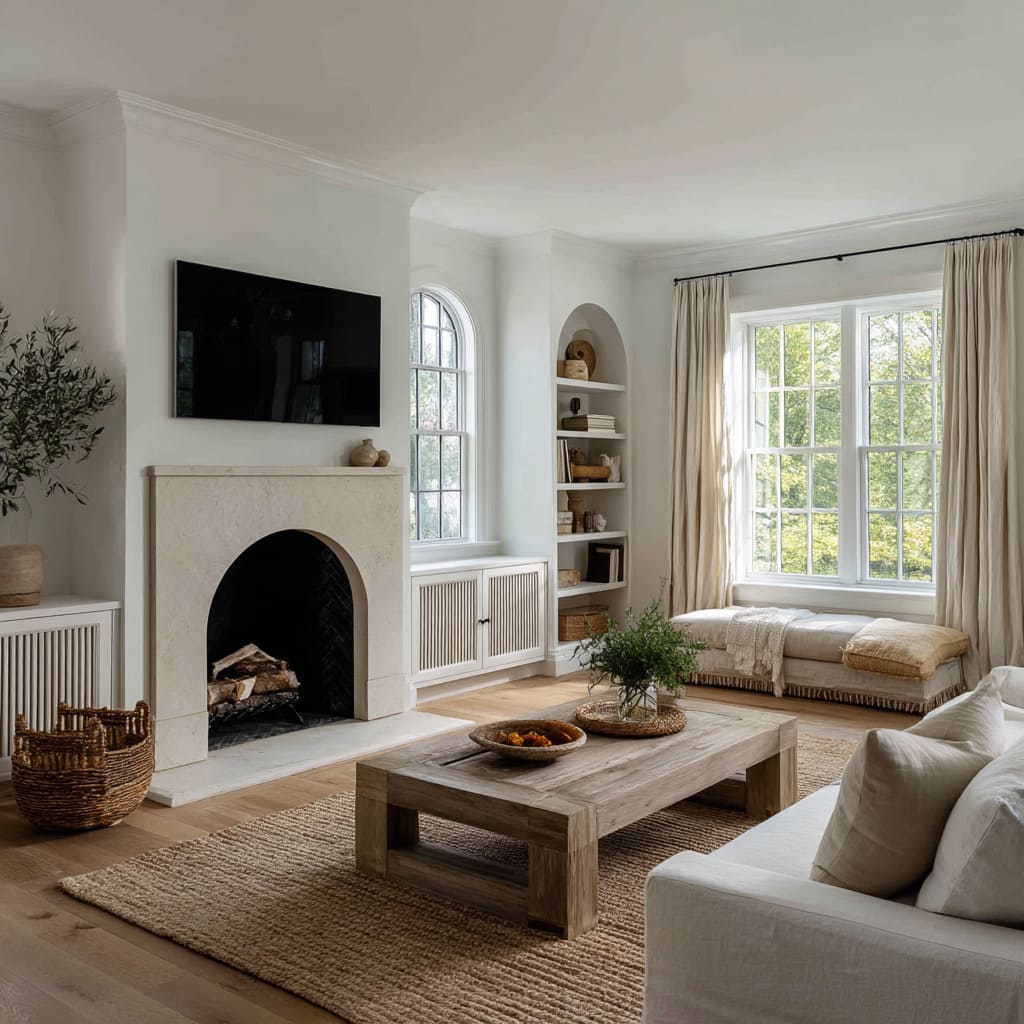 The TV is mounted discreetly above, framed by architectural quiet rather than over-decoration The TV is mounted discreetly above, framed by architectural quiet rather than over-decoration