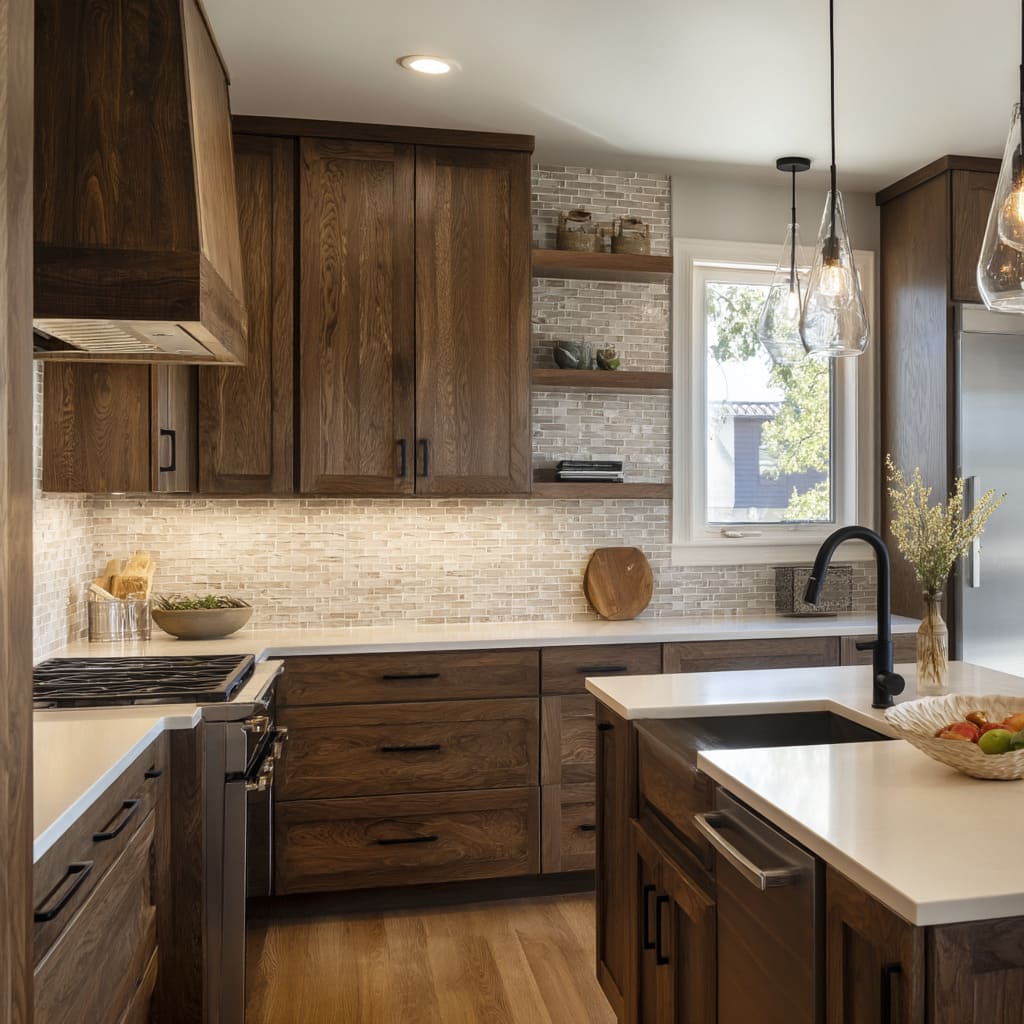 The alder cabinetry features warm grain variation, leaning slightly red-brown, with inset black hardware that feels confident but not dominatin The alder cabinetry features warm grain variation, leaning slightly red-brown, with inset black hardware that feels confident but not dominatin