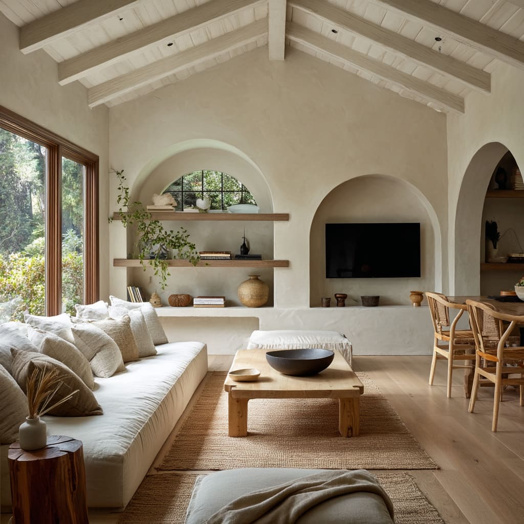 The arched niches flank the TV wall, one open and layered with shelves and ceramics, the other fully recessed to house the screen itself The arched niches flank the TV wall, one open and layered with shelves and ceramics, the other fully recessed to house the screen itself