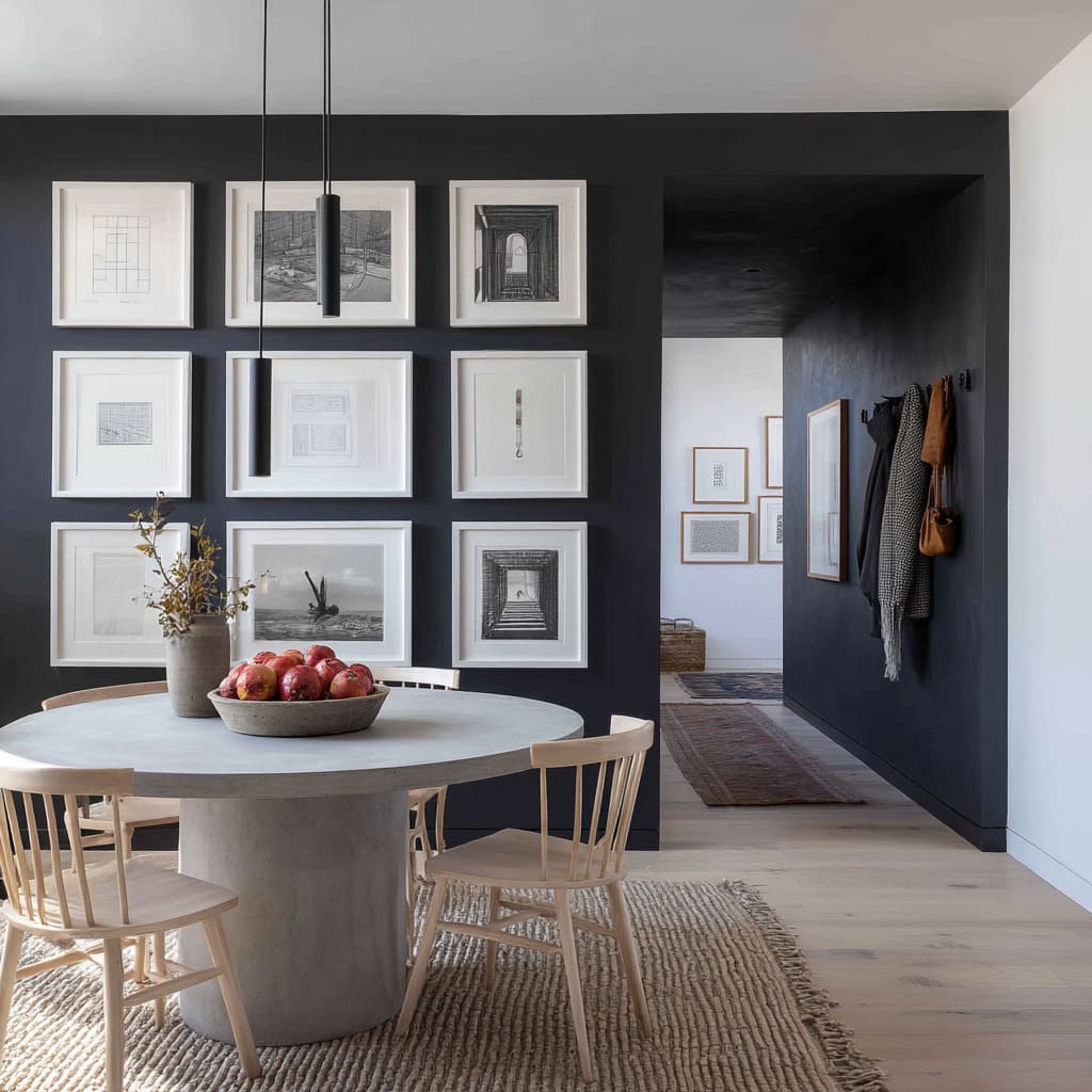 La obra de arte actúa como punto focal y como transición hacia el pasillo contiguo, guiando la mirada desde el comedor hacia el interior de la casa. La obra de arte actúa como punto focal y como transición hacia el pasillo contiguo, guiando la mirada desde el comedor hacia el interior de la casa.