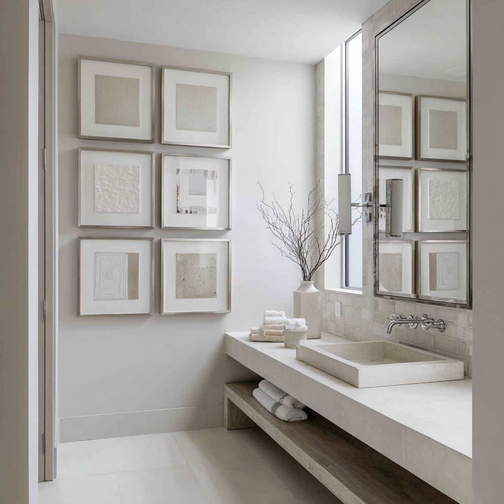 The asymmetry is calculated but quiet three columns staggered in height, with green, beige, mustard, and watercolor textures forming the visual base