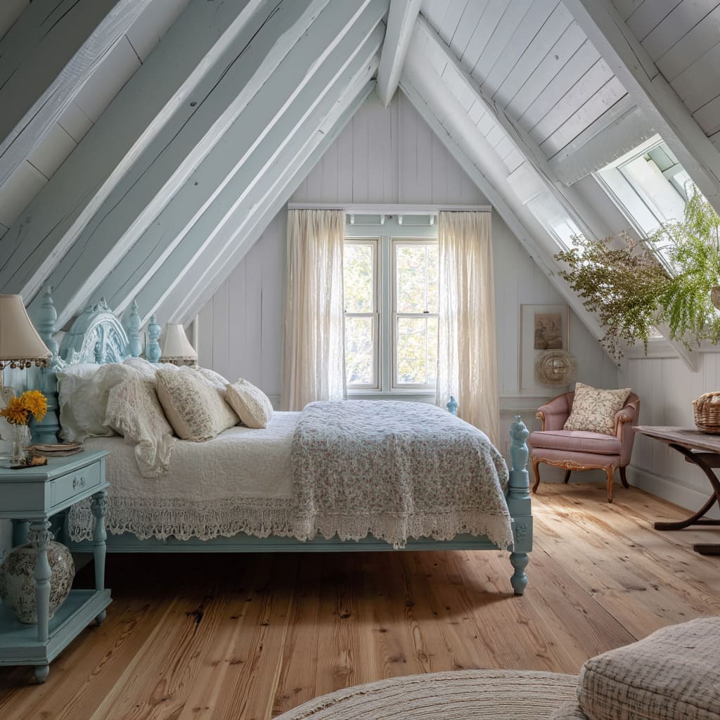 The bedding consists of a small-floral quilt, scalloped shams, and embroidered pillows all suggesting time and patience The bedding consists of a small-floral quilt, scalloped shams, and embroidered pillows all suggesting time and patience