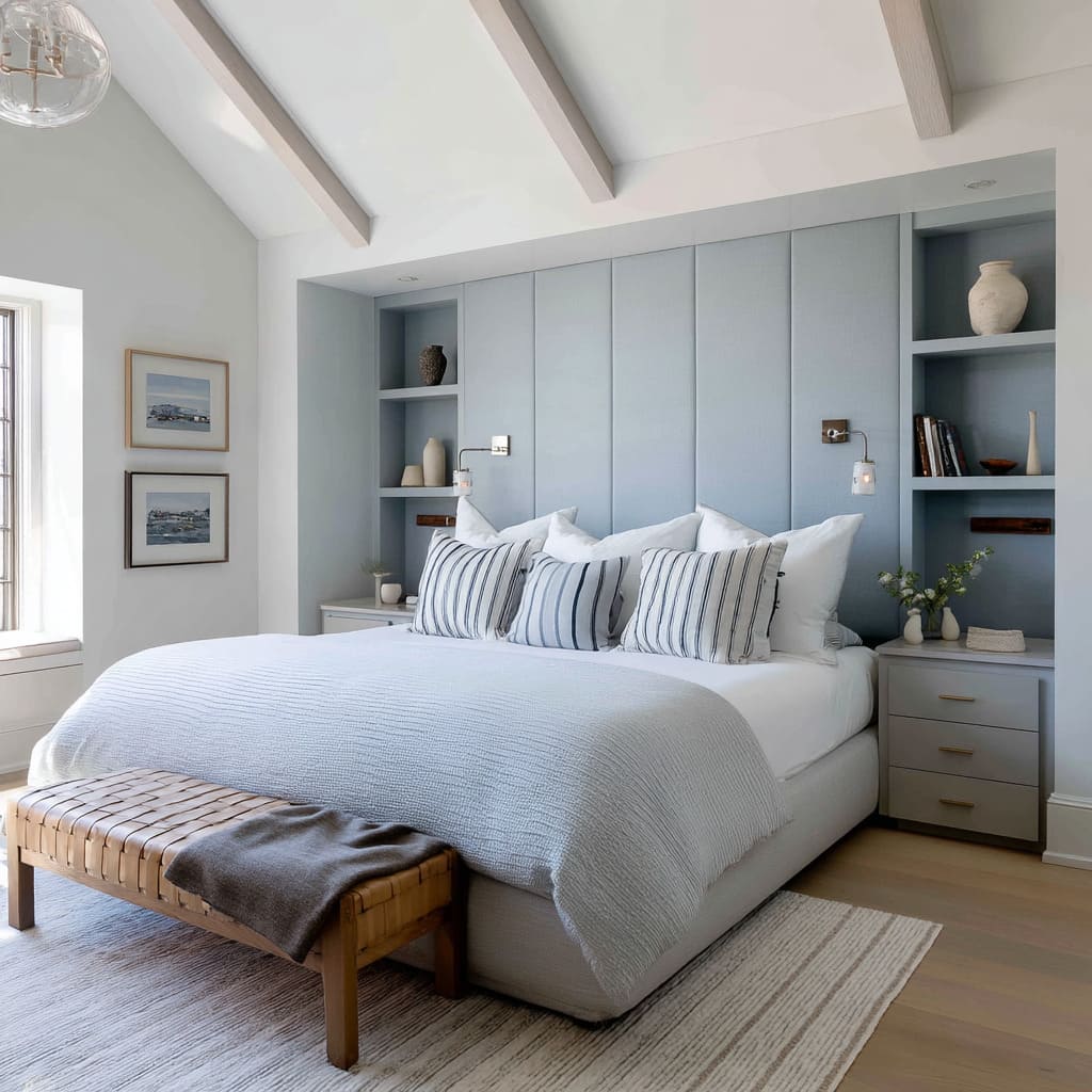 The bedding is a monochrome expression of calm soft blue-grey coverlets, oversized striped pillows, and crisp white linens The bedding is a monochrome expression of calm soft blue-grey coverlets, oversized striped pillows, and crisp white linens