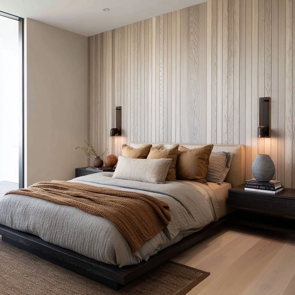 The bedroom design features a wall composed of vertical wood planks in pale whitewashed oak, running full height and aligned with clean joints The bedroom design features a wall composed of vertical wood planks in pale whitewashed oak, running full height and aligned with clean joints