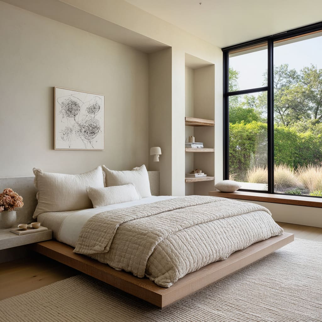 The bedroom design quietly merges cottagecore softness with architectural clarity The bedroom design quietly merges cottagecore softness with architectural clarity