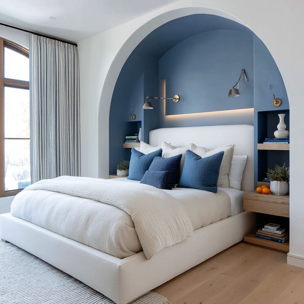 The bedroom introduces a unique architectural gesture a deeply set arched niche painted in a velvety, dusty cerulean blue that wraps the entire headboard zone The bedroom introduces a unique architectural gesture a deeply set arched niche painted in a velvety, dusty cerulean blue that wraps the entire headboard zone