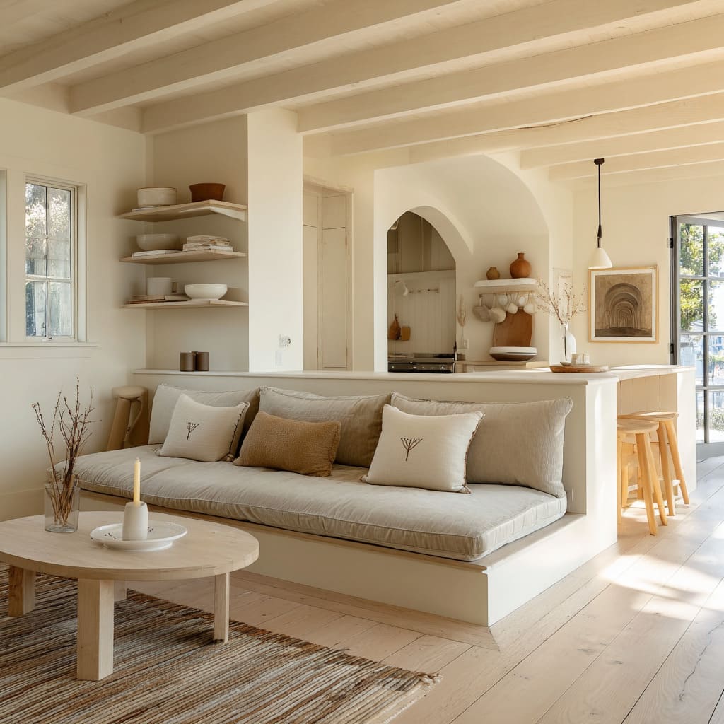 The bench-style sofa is built-in and deeply cushioned, with one consistent cushion wrapped in cotton-linen blend and lightly slumped throw pillows in s The bench-style sofa is built-in and deeply cushioned, with one consistent cushion wrapped in cotton-linen blend and lightly slumped throw pillows in s