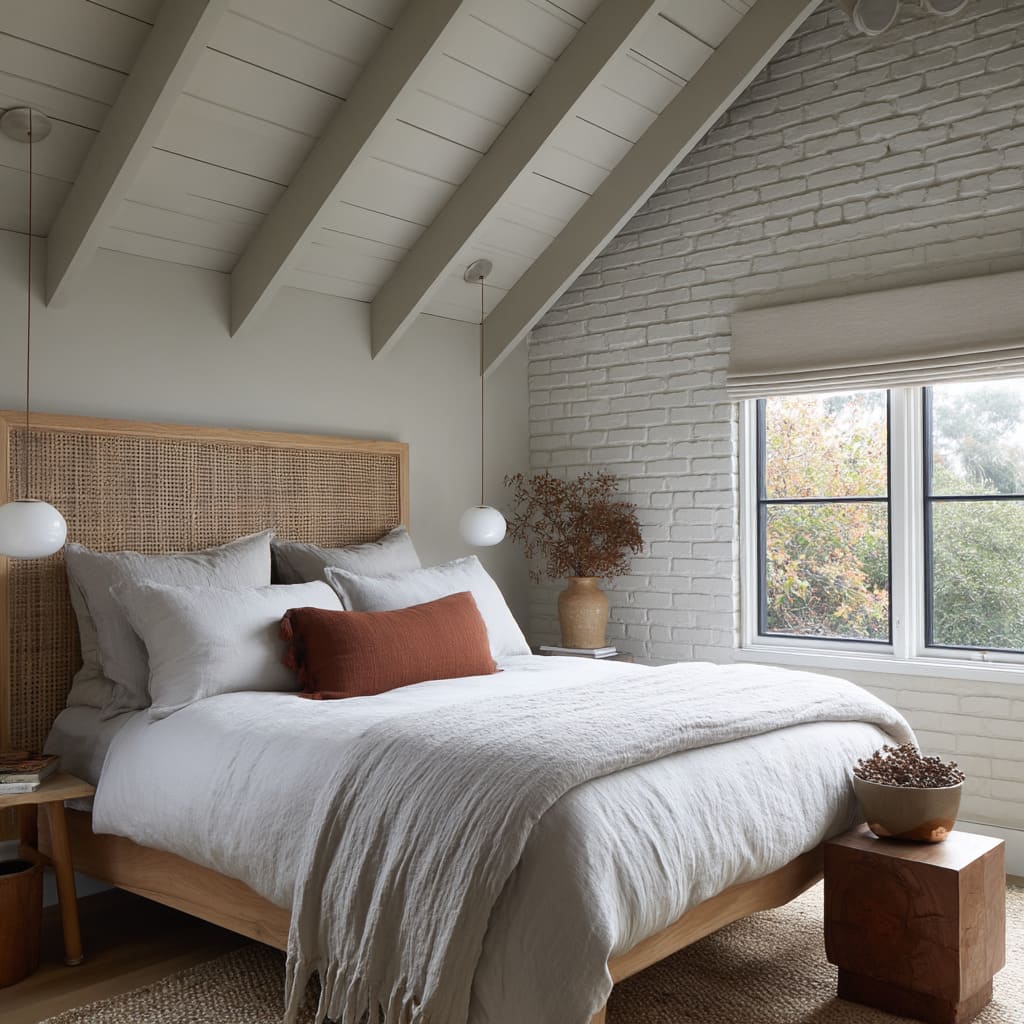 The brick wall is painted soft white and becomes the backdrop for a very tactile bed crisp linens, layered neutrals, and a light gray-washed woven h The brick wall is painted soft white and becomes the backdrop for a very tactile bed crisp linens, layered neutrals, and a light gray-washed woven h