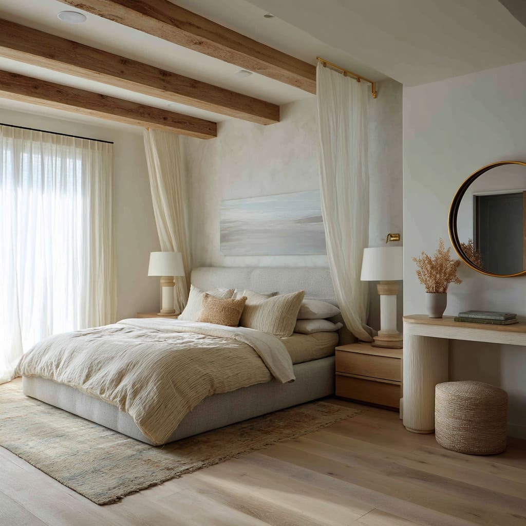 The canopy system is unique sheer curtains hang from the ceiling on both sides, creating a frame rather than full enclosure The canopy system is unique sheer curtains hang from the ceiling on both sides, creating a frame rather than full enclosure