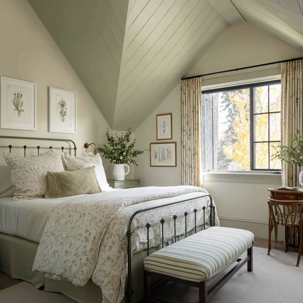 The ceiling slopes steeply above the bed and is finished in a muted sage that is just green enough to register but not enough to distract The ceiling slopes steeply above the bed and is finished in a muted sage that is just green enough to register but not enough to distract