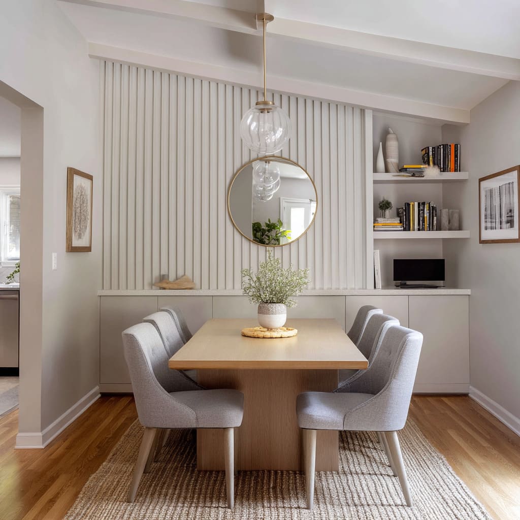 Los paneles de madera con listones color crema van desde la altura del aparador hasta el techo. Los paneles de madera con listones color crema van desde la altura del aparador hasta el techo.