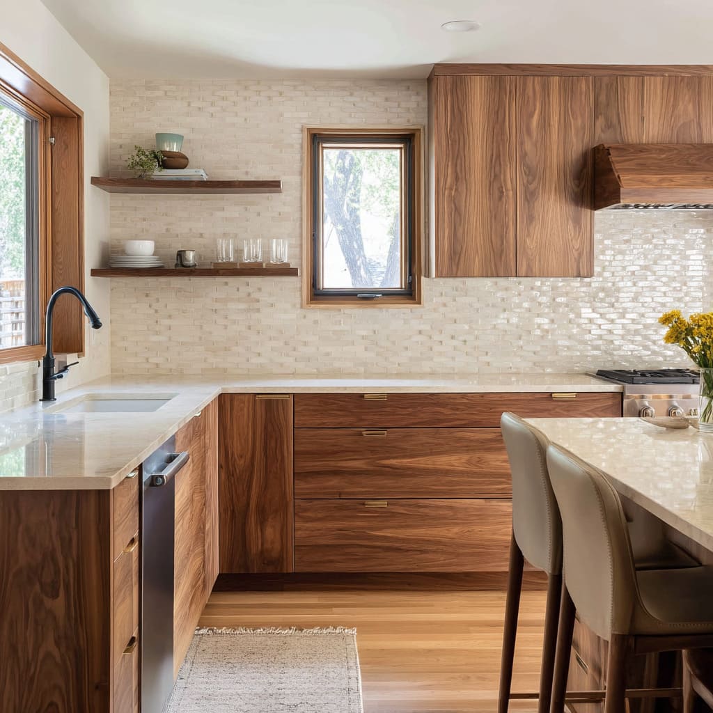 The creamy tone of the backsplash softens the darker brown of the cabinetry, acting almost like a filter that diffuses visual weight The creamy tone of the backsplash softens the darker brown of the cabinetry, acting almost like a filter that diffuses visual weight