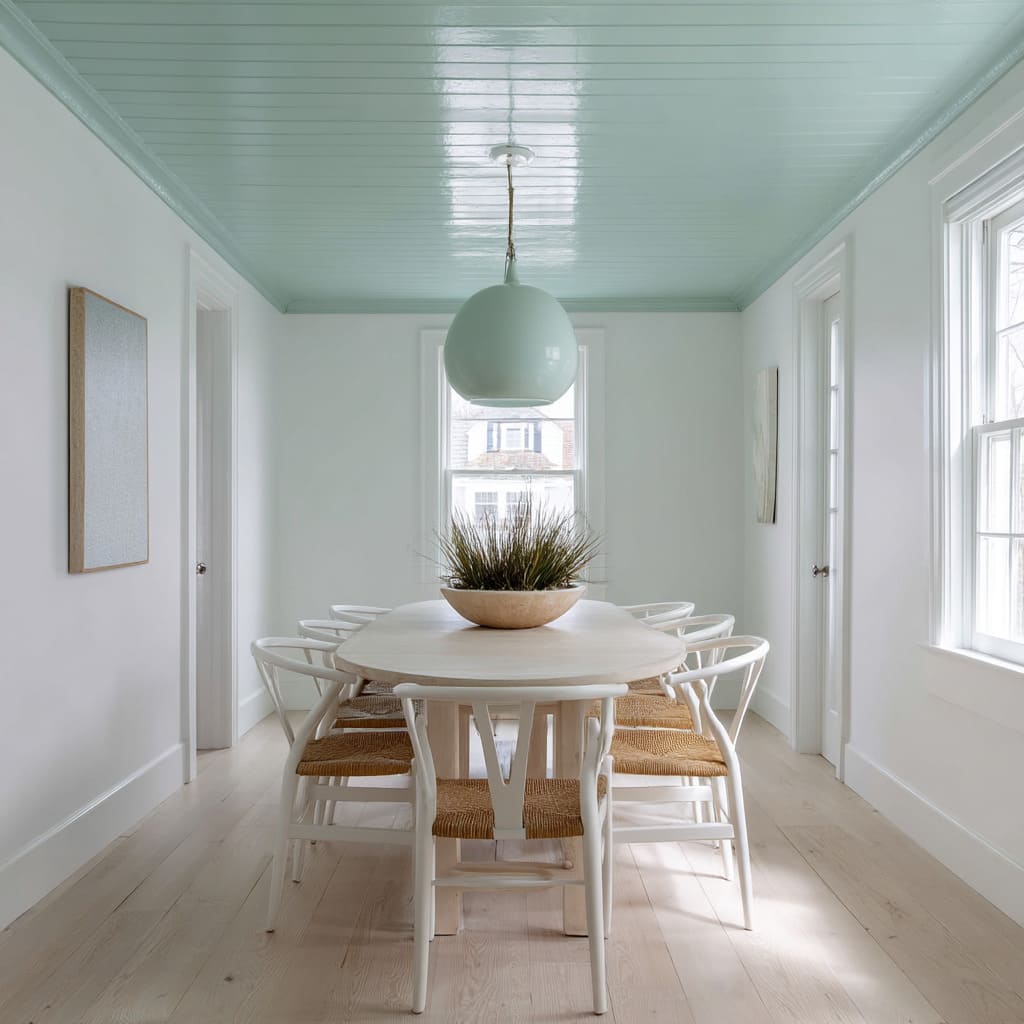 Este diseño de comedor invierte el uso tradicional del color al aplicar un verde celadón suave en el techo. Este diseño de comedor invierte el uso tradicional del color al aplicar un verde celadón suave en el techo.