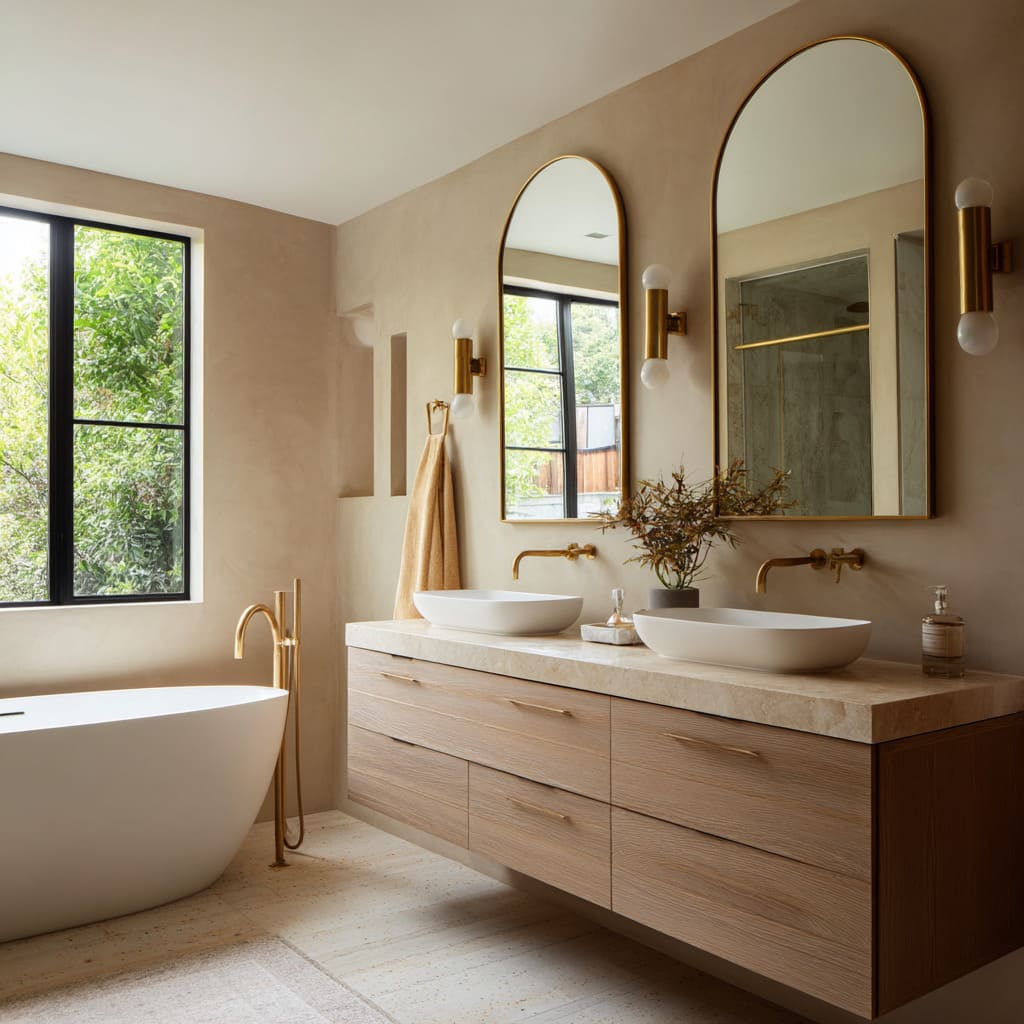 The dominant tone in this bathroom design is a neutral clay beige with soft pinkish undertones matte and smooth, with a surface texture closer to plaster than