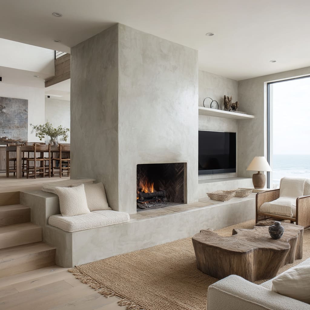 The fireplace sits boldly at the center, clad in a smooth stucco or Venetian plaster finish, its soft sheen bouncing just enough light to give depth wi The fireplace sits boldly at the center, clad in a smooth stucco or Venetian plaster finish, its soft sheen bouncing just enough light to give depth wi