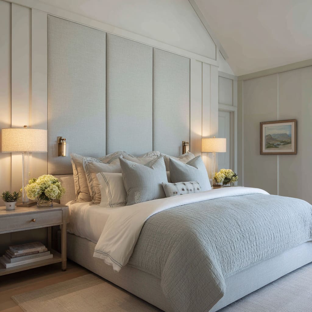 The focal point in this bedroom is the triple-panel upholstered headboard that stretches nearly to the apex of the sloped ceiling The focal point in this bedroom is the triple-panel upholstered headboard that stretches nearly to the apex of the sloped ceiling